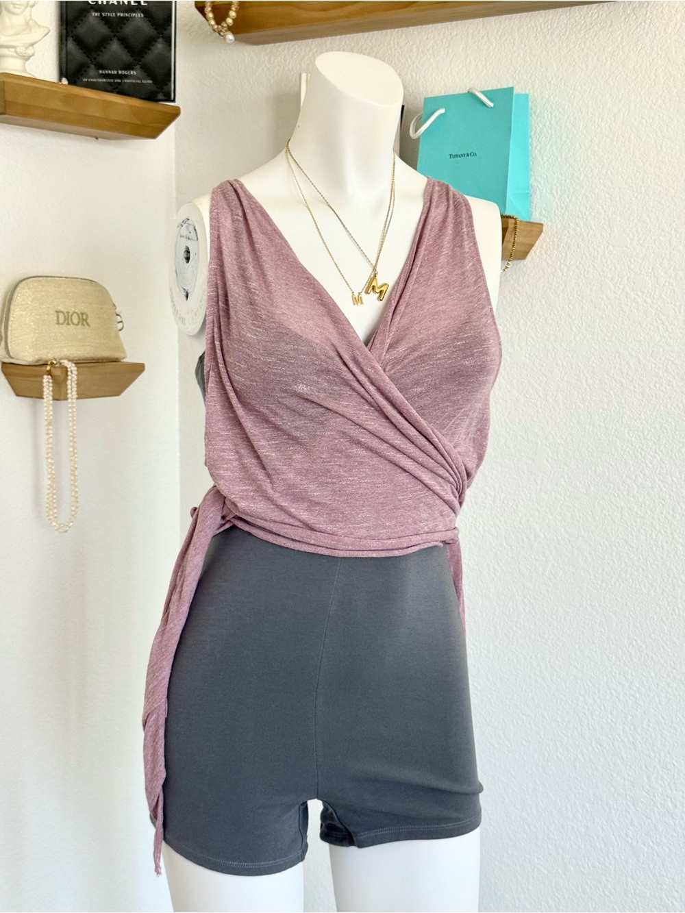 Free People Mauve / Charcoal Wrap Tie Romper - SIZE XS